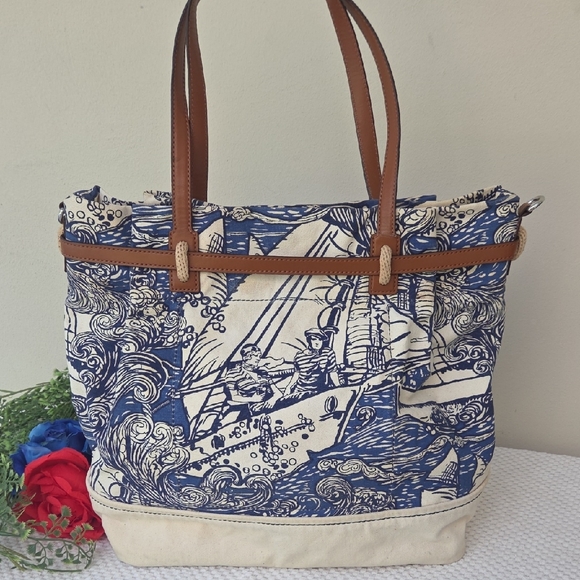 Lauren Ralph Lauren Nautical Sailors Canvas Leather Crossbody Satchel Purse Bag - Picture 8 of 14